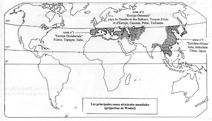 Les principales zones séricicoles mondiales (projection de Winkel)