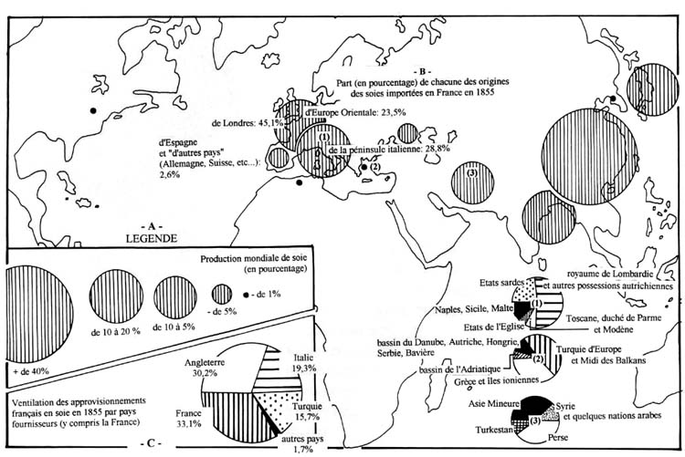 La situation en 1855 : production mondiale de soie (A) importations françaises (B) et ventilation des approvisionnements (y compris l’apport français)