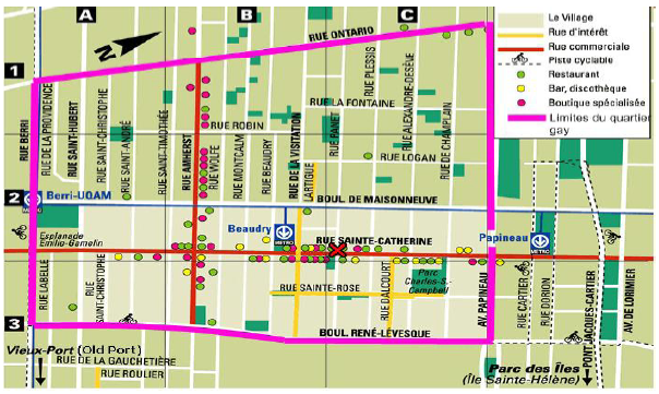Plan du Village (trait rose) dans le Centre-Sud de Montréal