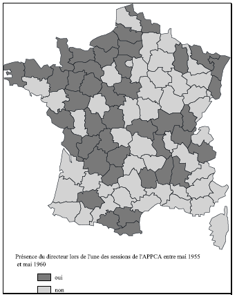 Carte 3 : Présence des directeurs de chambres d’agriculture aux sessions de l’APPCA entre 1955 et 1960