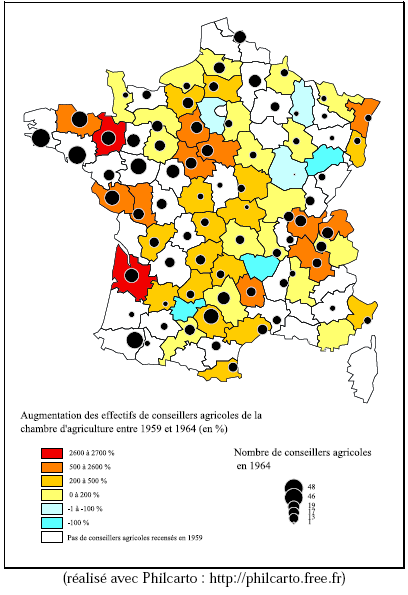 Carte 9 : Effectifs des conseillers agricoles dans les chambres d’agriculture en 1964 et augmentation 1959-1964 (d’après les données contenues dans 