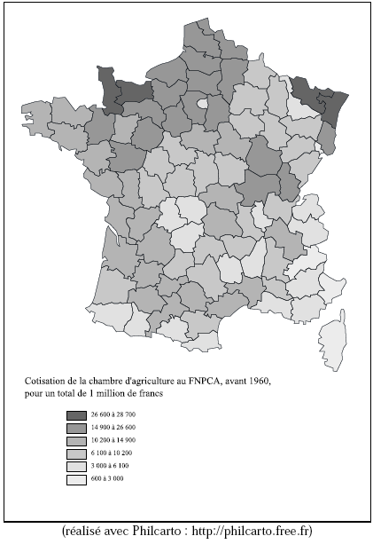 Carte 11 : Cotisation des chambres d’agriculture au FNPCA, avant 1960, pour un total de 1 million de francs.
