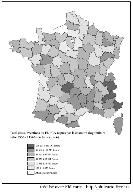 Carte 12 : Total des subventions du FNPCA perçues par les chambres d’agriculture entre 1956 et 1966 (en francs 1966)