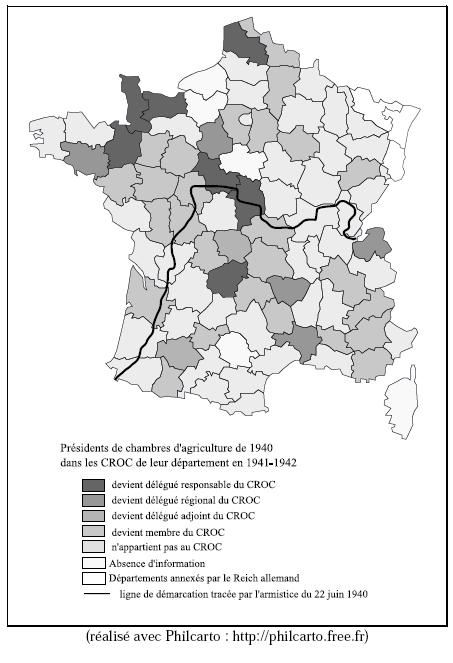 Carte 4 : Localisation des présidents de chambres d’agriculture de 1940 suivant qu’ils font ou non partie du CROC de leur département en 1941-1942.