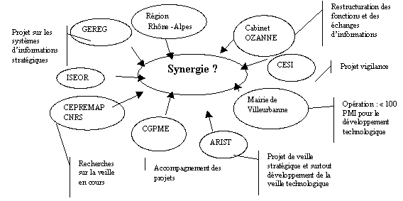 Figure n° 22 : Exemple : Tableau des synergies constatées en 1996 (Marie-Christine Chalus, Rapport d’activité à la Région 1996 : Système d’information stratégique pour PME-PMI)