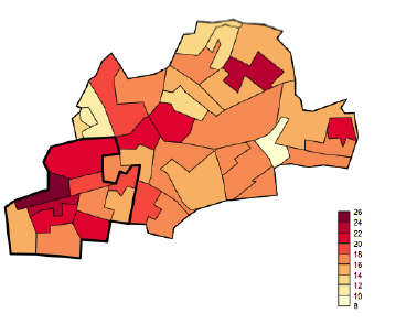 Carte 2-13 : Part des salariés en emploi précaire parmi les actifs occupés, Montreuil, 2006