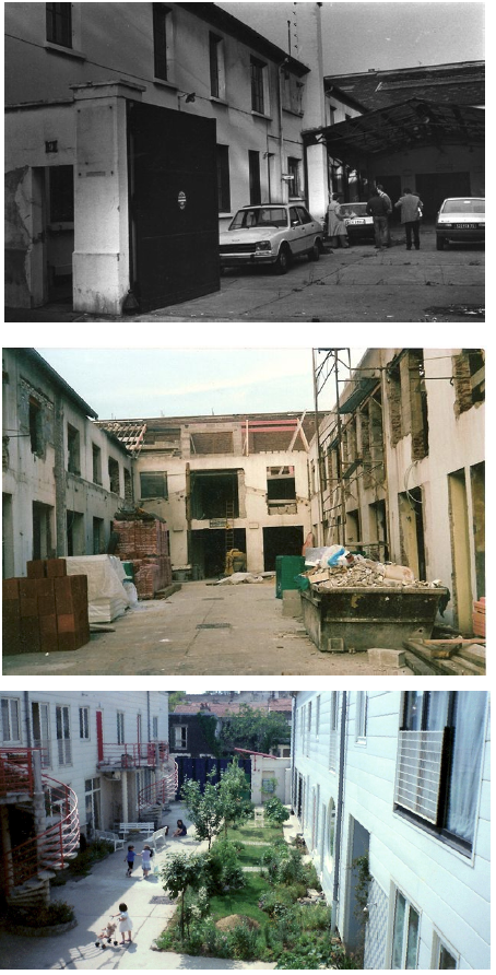 Figure 4-7 : Les transformations de l’usine en vue de l’habitat groupé autogéré : seuls les murs sont conservés, puis couverts d’un bardage