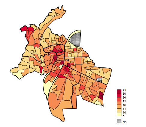 Carte 2-9 : Part des salariés en emploi précaire parmi les actifs occupés, Lyon, 2006
