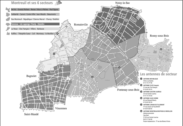 Carte A2-2 : Le découpage de Montreuil en 6 secteurs et 14 quartiers