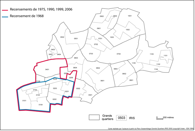 Carte A2-4 : Délimitations du Bas Montreuil adoptées pour les traitements statistiques