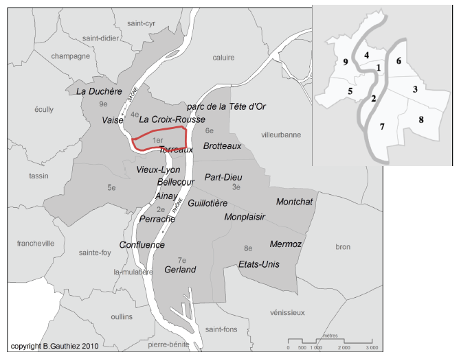 Carte 2-1 : Les Pentes de la Croix-Rousse dans l’agglomération lyonnaise