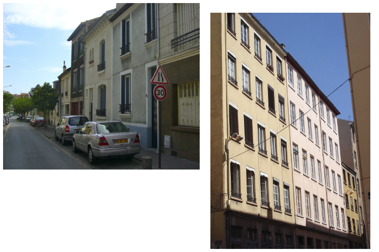 Figure 2-5 : Des maisons individuelles dans le Bas Montreuil (à gauche) et des immeubles canuts dans les Pentes (à droite)