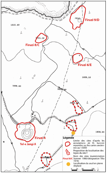 Figure 5‑41 : Carte des alentours de Tol-e Jangi A et proposition de localisation pour le site F par (extrait de la carte au 1:5000 levée en 1966, localisation reprise de Tilia 1978 : 74-fig.1 et Sumner 1986a : 8-ill.4)