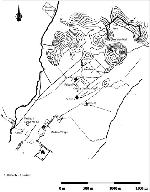 Figure 5‑90 : Topographie du site de Pasargades et plan des bâtiments (Boucharlat 2007 : Fig.3)
