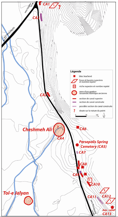 Planche 35 : Prospections du piedmont nord-ouest du Kuh-e Rahmat, carte archéologique du secteur de Cheshmeh Ali