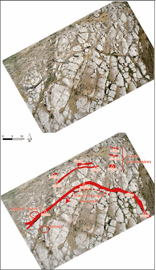 Figure 5‑73 : ISO1, prise de vue verticale sous ballon captif, en haut photographie redressée et en bas schéma des vestiges (cliché BNC, printemps 2007)