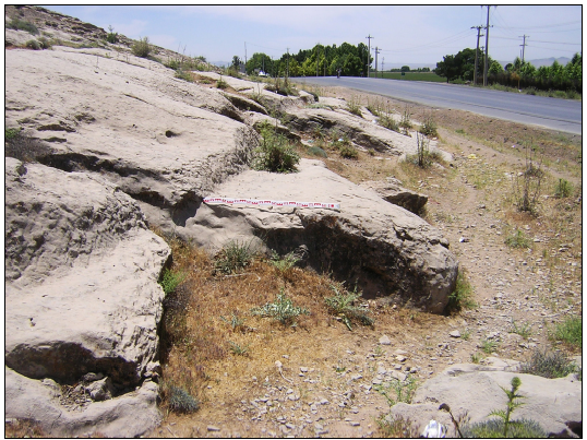 Figure 5‑79 : Vue vers le sud de la section rupestre NR1 du canal au nord de Naqsh-e Rajab (cliché SG, printemps 2005)