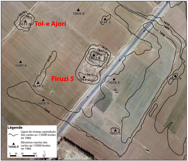 Figure 5‑47 : Firuzi 5, superposition de photographies aériennes récentes à haute résolution et des données topographiques anciennes reproduites à partir des cartes au 1:5000 levées en 1966