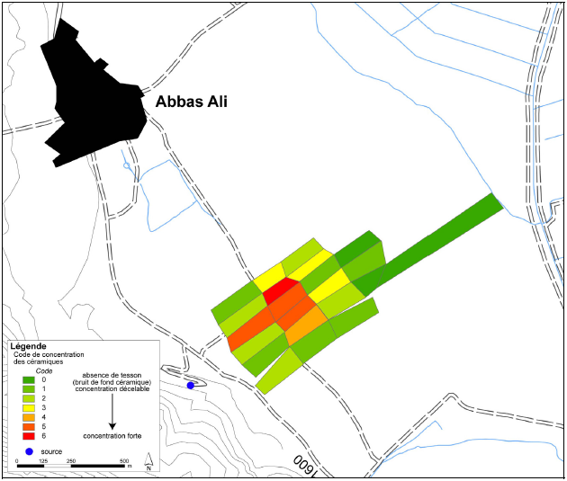 Figure 6‑7 : Concentrations de céramiques dans les champs au sud de Abbas Ali