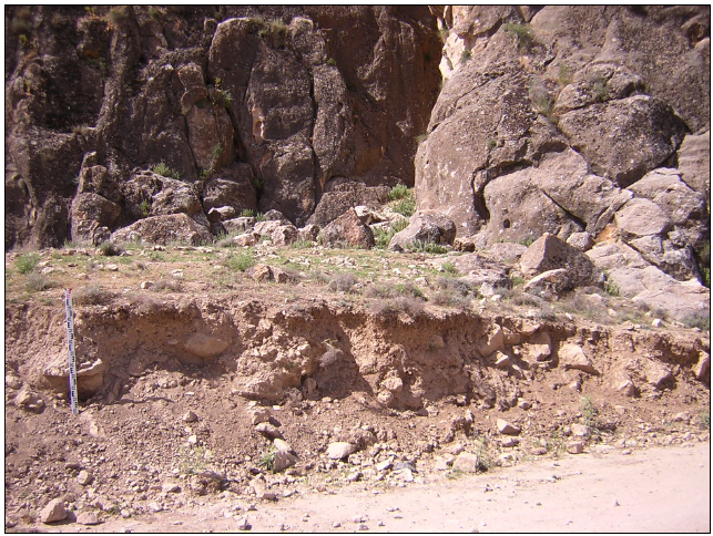 Figure 6‑42 : Piedmont nord-est du Kuh-e Gondashlu, point d’observation MD061055, vue vers le sud d’une coupe créée par des terrassements récents présentant à sa base des concentrations de céramiques Kaftari (cliché SG, printemps 2006)