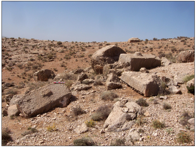 Figure 5‑87 : Vue vers l’ouest d’un ensemble de trois blocs équarris situés au nord-est du vallon de Darrehbarreh (cliché RB, printemps 2008)