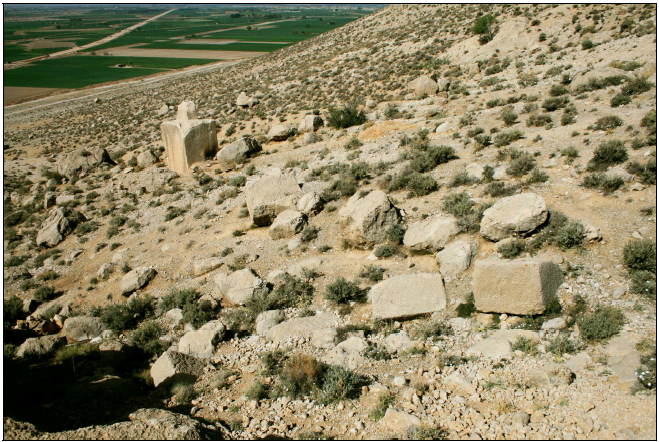 Figure 5‑85 : Vue vers l’ouest du vallon de Darrehbarreh, ensemble de blocs équarris, au premier plan, au second plan le monolithe portant plusieurs petites fosses rupestres sur sa face supérieure (cliché TDS, printemps 2008)