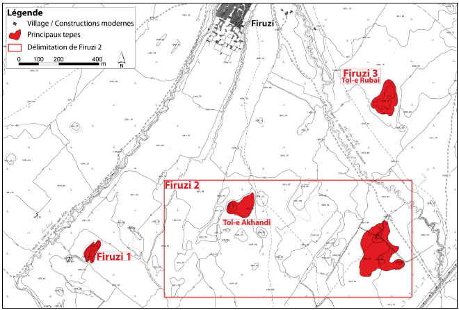 Figure 5‑35 : Localisation des sites décrits par W. Sumner au sud de Firuzi sur la carte au 1:5000 datées de 1966 (localisation des sites d’après Sumner 1986a : 8-ill.4 et d’après les annotations reportées sur les cartes au 1:5000)
