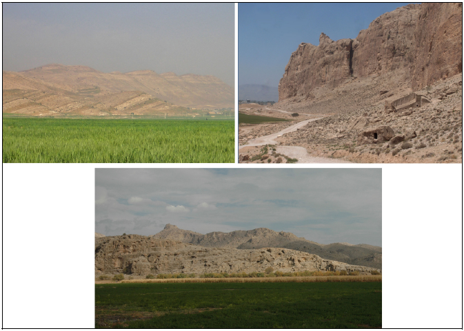 Figure 2‑3 : Les différents types de formations calcaires de la plaine de Persépolis, en haut à gauche formations tertiaires du Kuh-e Lapui, en haut à droite formations crétacées du massif du Kuh-e Hussein, en bas formations jurassiques à proximité du lac Tashk.