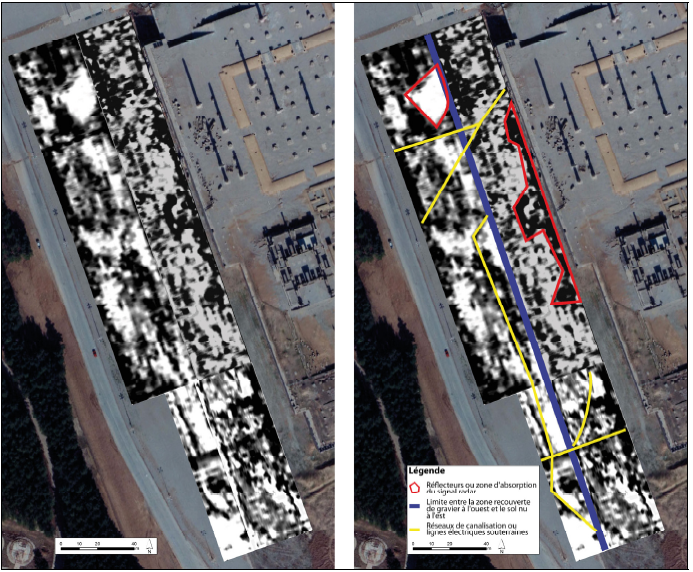 Figure 5‑8 : Carte radar-sol à une profondeur estimée de 1 m, obtenue au pied de la terrasse royale de Persépolis (à gauche) et schéma d’interprétation (à droite)