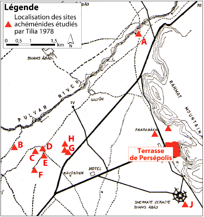 Planche 25 : Extrait de la carte de répartition des sites achéménides, publiée par A.B. Tilia, centrée sur les environs de la terrasse de Persépolis (repris de Tilia 1978 : 74-Fig.1)