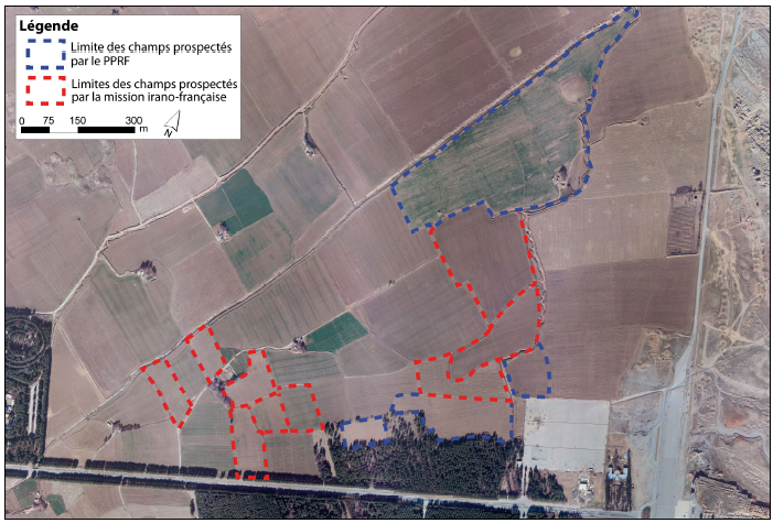 Figure 5‑16 : Photographies aériennes et contours des différents champs prospectés à l’ouest de la terrasse royale
