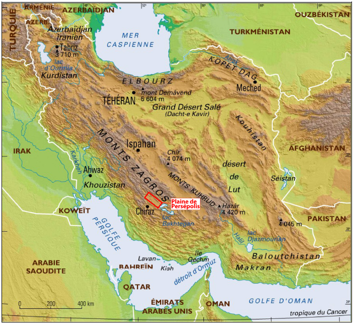 Planche 1 : Carte physique de l’Iran et localisation de la plaine de Persépolis  