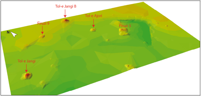 Figure 5‑51 : Modèle numérique de terrain de la partie occidentale de Bagh-e Firuzi construit à partir de la topographie relevée sur les cartes au 1:5000 levées en 1966 (échelle colorimétrique : vert sombre 1608m à rouge 1614m, distance entre Tol-e Jangi et Tol-e Jangi B : 950 m)