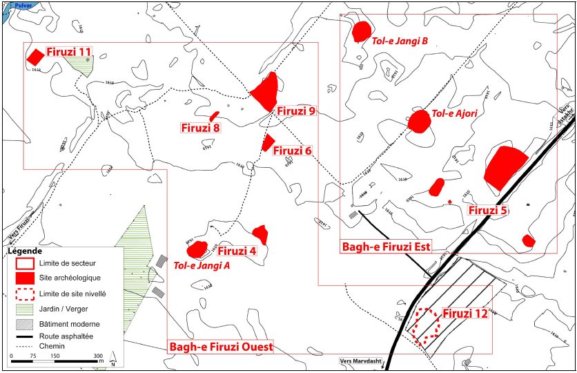 Planche 28 : Carte de Bagh-e Firuzi, répartition et emprise des sites et délimitation des secteurs de Bagh-e Firuzi Ouest et Est