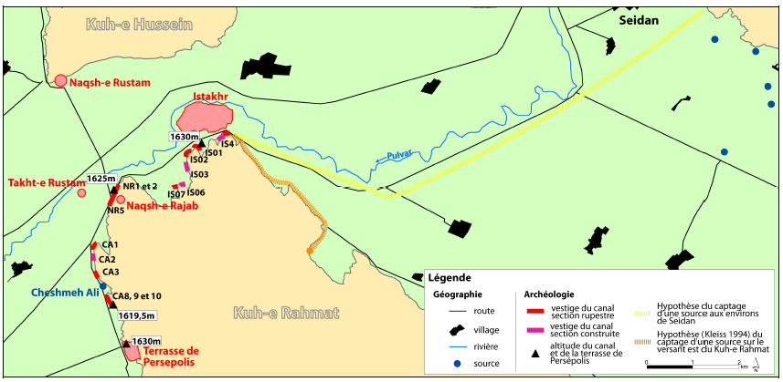 Planche 36 : Prospections du piedmont nord-ouest du Kuh-e Rahmat, localisation des vestiges du tracé du canal et hypothèses concernant son alimentation