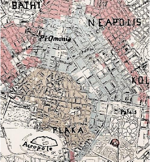 Les limites de la ville d’Athènes en 1862. (Régions en bleu et marron)