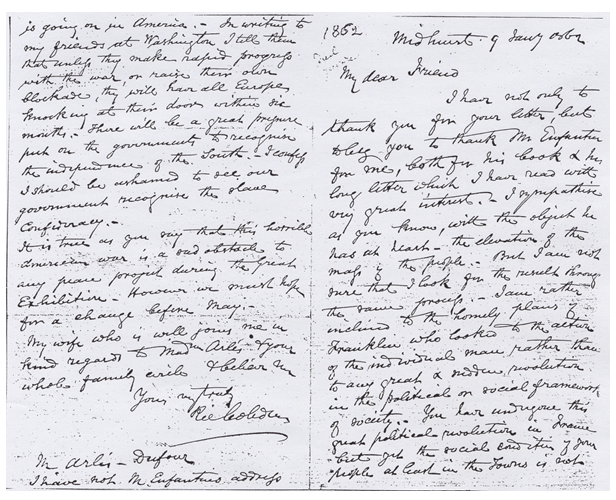 L’une des nombreuses et cordiales lettres de Richard Cobden (9 janvier 1862)