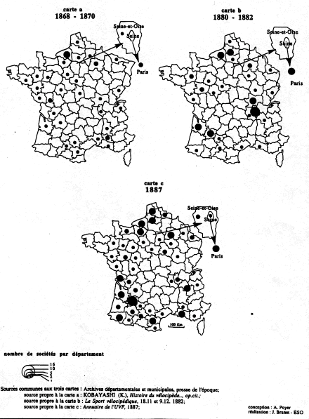 Carte 1 : La propagation du cyclisme associatif (1868-1887)