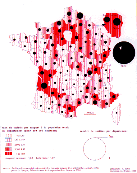 Carte 5. : Société vélocipèdiques et population en France (1895)
