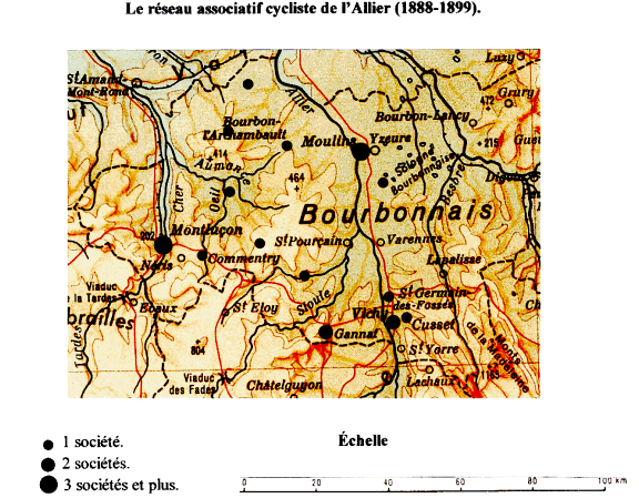 Carte 11 : Le réseau associatif cycliste de l’Allier (1888-1899)