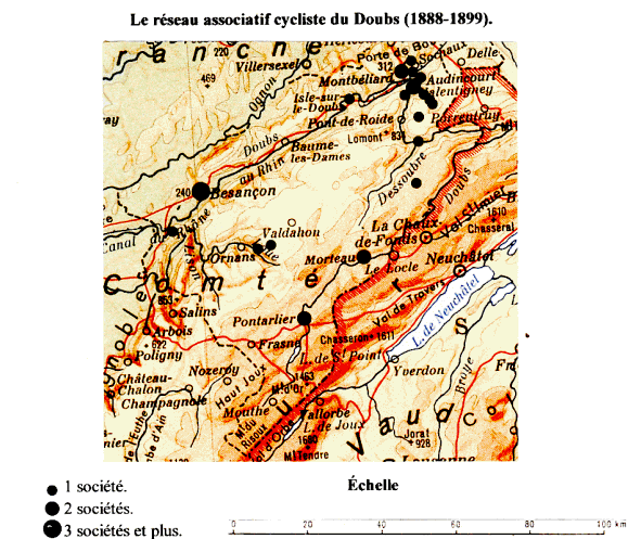 Carte 13 : Le réseau associatif cycliste du Doubs (1888-1899)