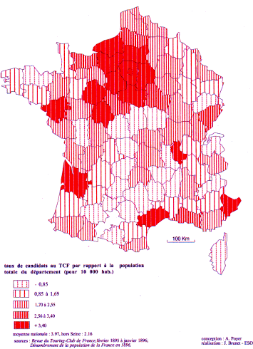 Carte17. : Candidatures au T.C.F et population en France (1895)