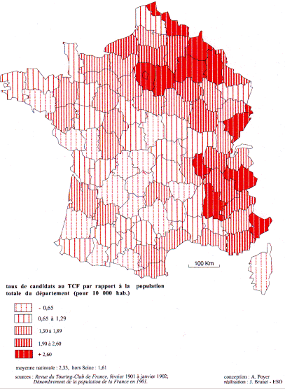 Carte 29. : Candidatures au T.C.F et population en France (1901)