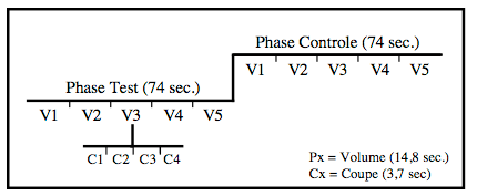 Figure 17. Représentation d'une période avec ses deux phases test et contrôle. Les cinq volumes enregistrés dans chaque phase ainsi que les quatre coupes acquises durant chaque volume sont aussi représentés