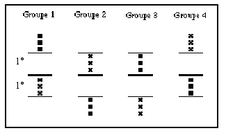 Figure 48. Représentation de l'ensemble des groupes de stimuli dans lesquels les stimuli (carré et croix) sont appariés deux par deux. Les barres fines sont représentées pour indiquer la distance critique de 1° (les stimuli étant vus à une distance de 50 cm)