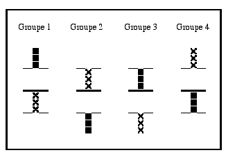 Figure 57. Représentation de l'ensemble des groupes de stimuli dans lesquels les stimuli (carré et croix) sont appariés deux par deux. Les barres fines sont représentées pour indiquer la distance critique de 1° (les stimuli étant vus à une distance de 50 cm)
