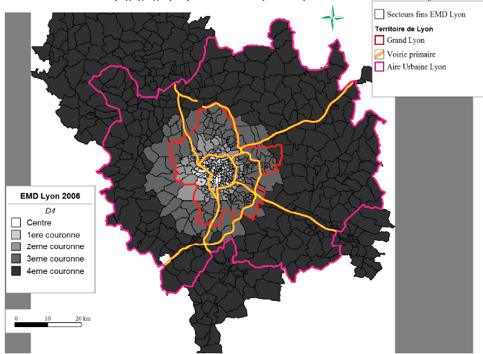 Illustration VI-3 : Découpage géographique utilisé au chapitre V ; périmètre aire urbaine de Lyon 1999