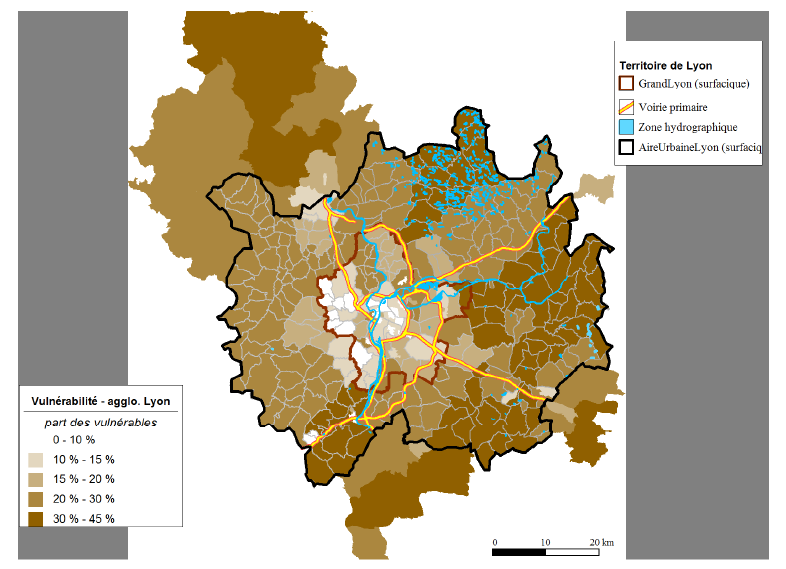 Illustration V-1 : part des ménages vulnérables par secteur de tirages du périmètre de l’E.M.D de Lyon (2006), croisé avec le découpage communale du périmètre de l’aire urbaine de 1999