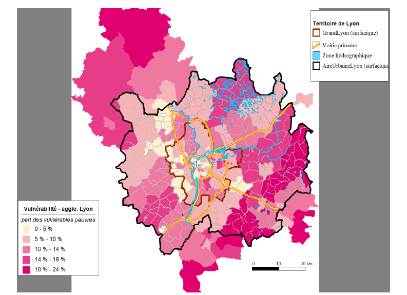 Illustration V-2 : part des ménages vulnérables modestes par secteur de tirages du périmètre de l’E.M.D de Lyon (2006), croisé avec le découpage communale du périmètre de l’aire urbaine de 1999