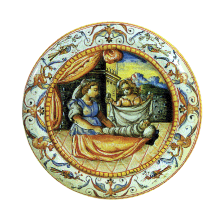 Assiette d’accouchée en faîence datée du XVI siècle et conservée au Musée des hospices civils de Lyon